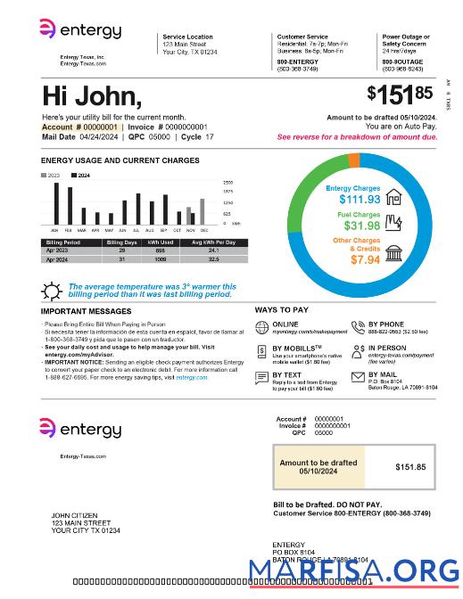 Realistic USA Texas entergy utility bill 2pages in PSD format page 1 real example